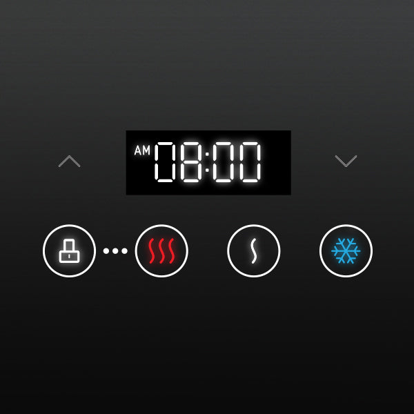 A digital display shows AM 08:00 with up and down arrows, and below are four icons: lock, heat waves, wavy line, and a snowflake, representing different settings on a control panel.